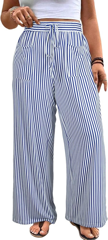Eytino Womens Plus Size Striped Wide Leg Pants Elastic High Waisted 2026 Summer Fashion Beach Pan... | Amazon (US)