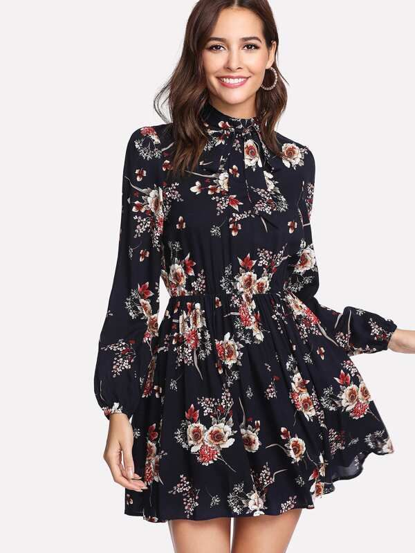 SHEIN Tie Neck Flower Print Dress | SHEIN