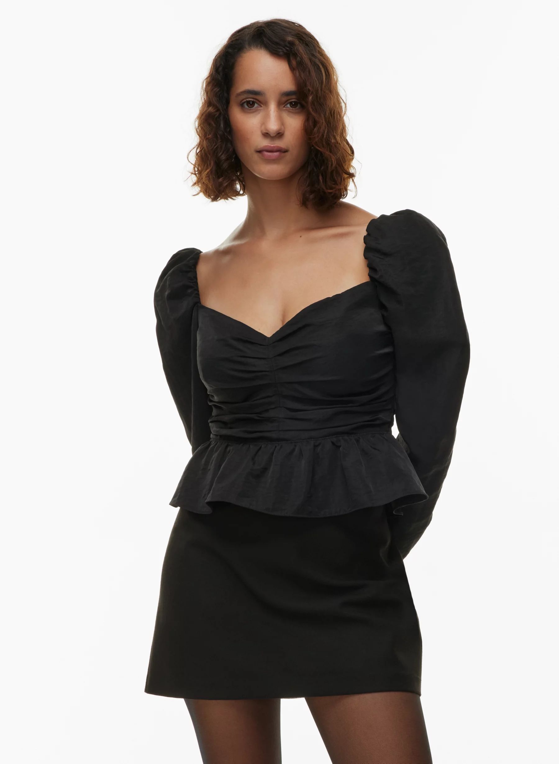 Ruched twill longsleeve peplum blouse | Aritzia