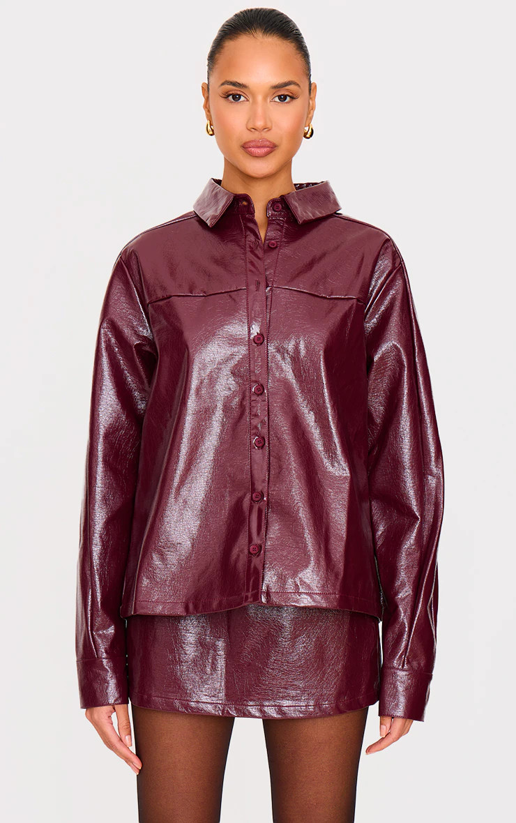 Burgundy Faux Leather Oversized Shirt | PrettyLittleThing US