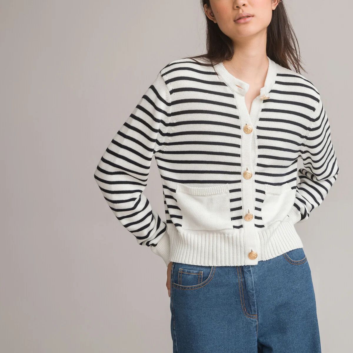 Breton Striped Buttoned Cardigan in Cotton Mix | La Redoute (UK)