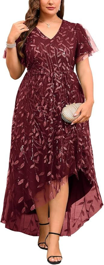 ZOMVA Plus Size 0X-4X Sequin Embroidery Formal Long Dress Glitter Side Slit A Line Dresses Prom W... | Amazon (US)