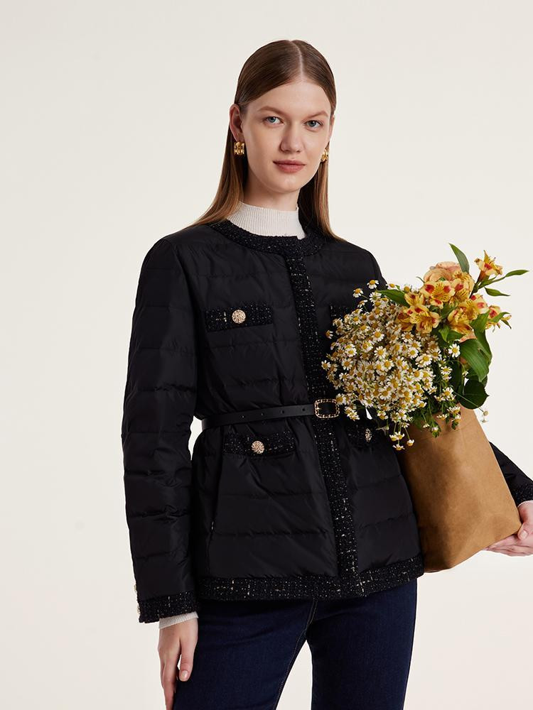 Tweed Zippered Goose Down Garment With Leather Belt | GOELIA