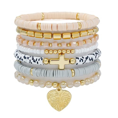GOOJIDS Brown Bohemian Stackable Cross&Heart Charm Bead Bracelets for Women | Amazon (US)