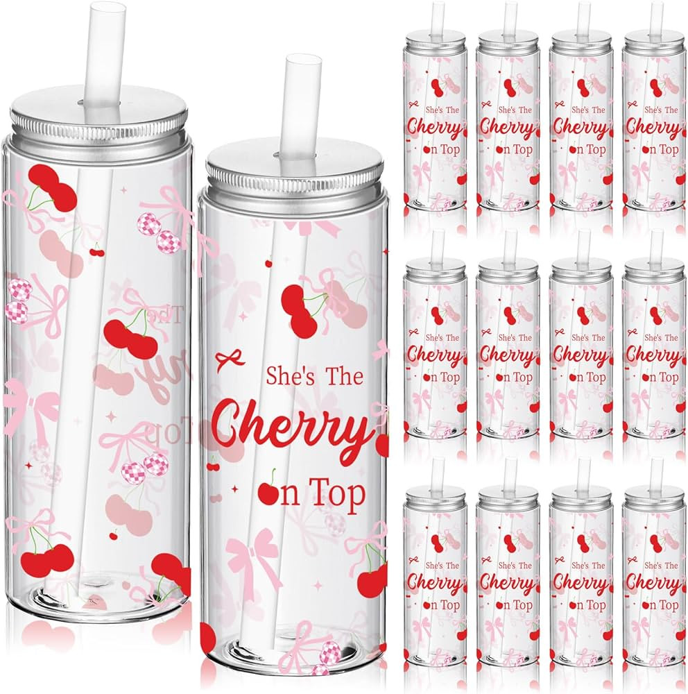 12 Pcs Coquette Bow Cherry Plastic Cups with Lids and Straws 14 oz She's the Cherry on Top Reusab... | Amazon (US)