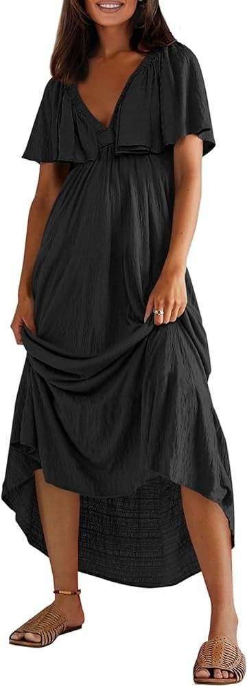 miduo Womens Deep V Neck Flutter Short Sleeve Open Back Flowy Maxi Long Dresses | Amazon (US)