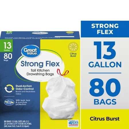 Great Value Strong Flex 13-Gallon Drawstring Tall Kitchen Trash Bags, Citrus Burst, 80 Count | Walmart (US)