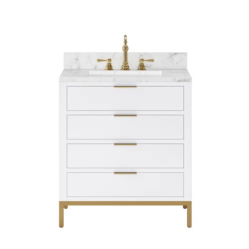 Bristol 30" Carrara White Marble Countertop Bath Vanity with Faucet | Wayfair North America
