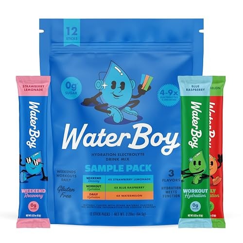 Waterboy Hydration Recovery Variety | 4-9x Electrolyte Powder Packets | Ginger + L-Theanine + L-Glutamine + Vitamins | No Sugar, All Natural, Gluten Free | 12 Drink Stick Mixes (Variety Pack) | Amazon (US)