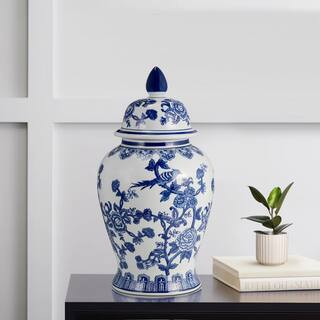 18 in. White and Blue Chinoiserie Floral Temple Jar | The Home Depot