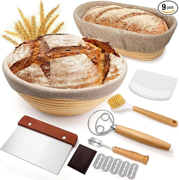 Sourdough Proofing Basket Gift Set, 9" Round and 10" Oval Banneton Bread Baking Supplies, Sourdou... | Amazon (US)