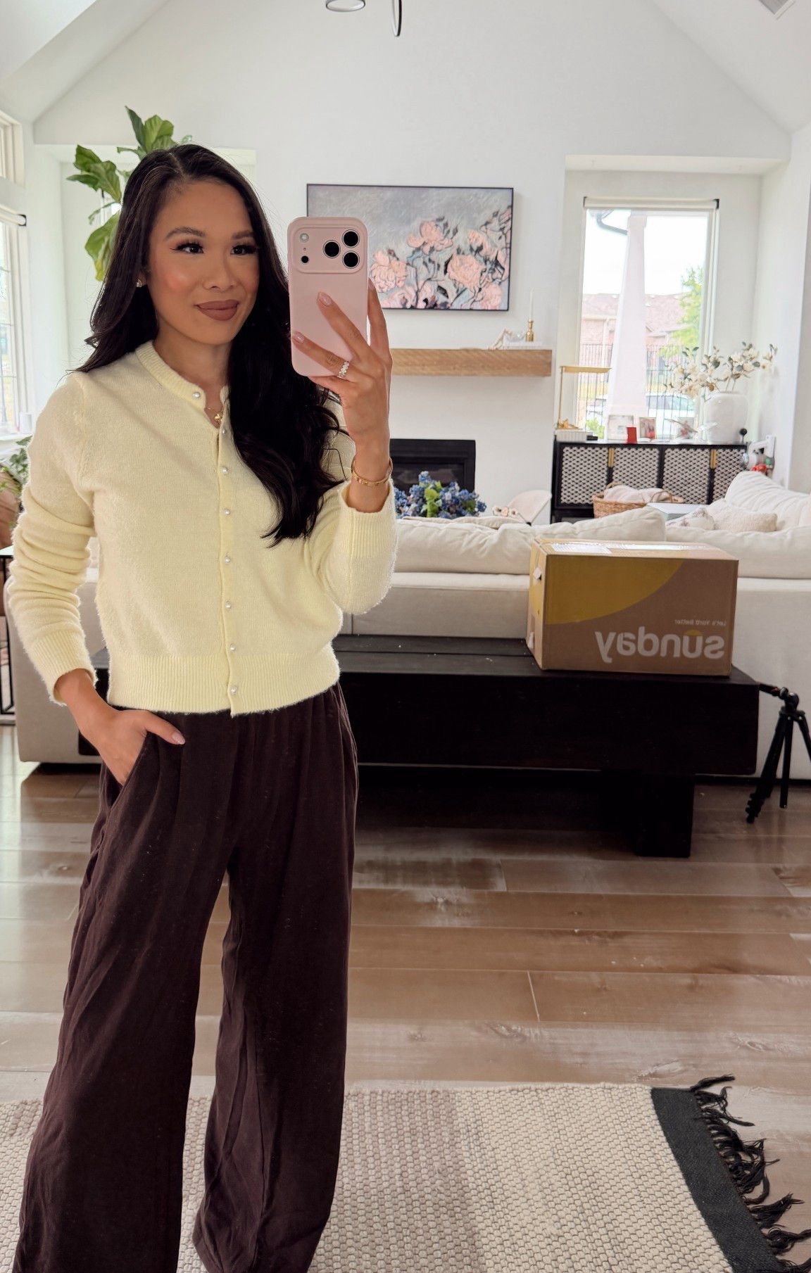 Casual elevated outfit with a merino wool blend cardigan. Love the pearl buttons on the front. Pairing with brushed sweatpants that have a bit more of an elevated look. 

#LTKPetite