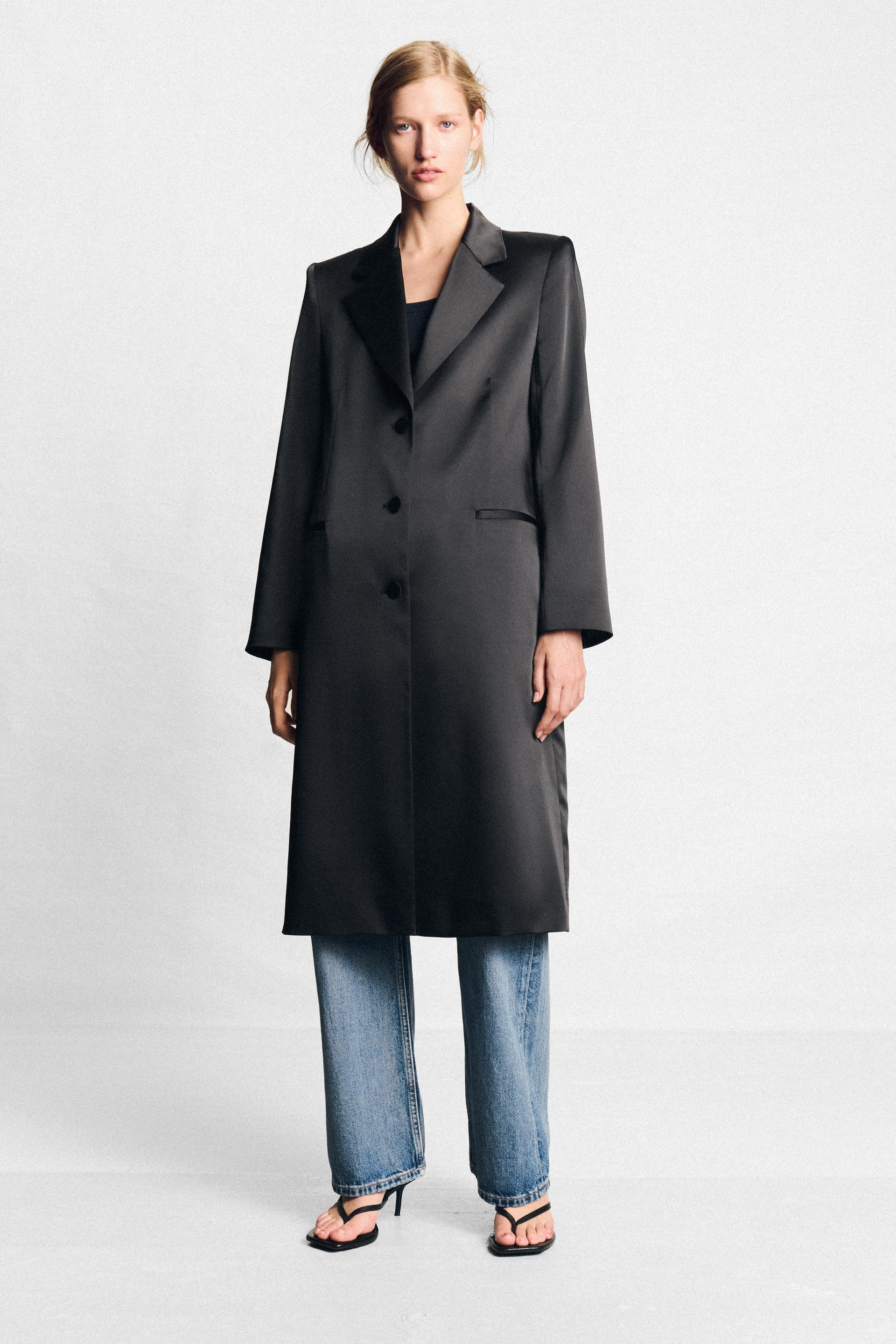 Zara - Satin Shoulder Pad Coat - Black - M - Woman | Zara US