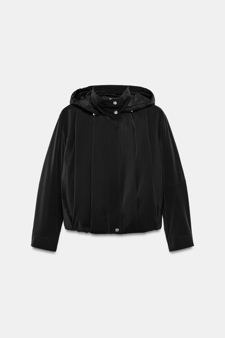Jacket with a high collar and a hood with adjustable elastic drawstrings. Long sleeves. Front wel... | Zara UK