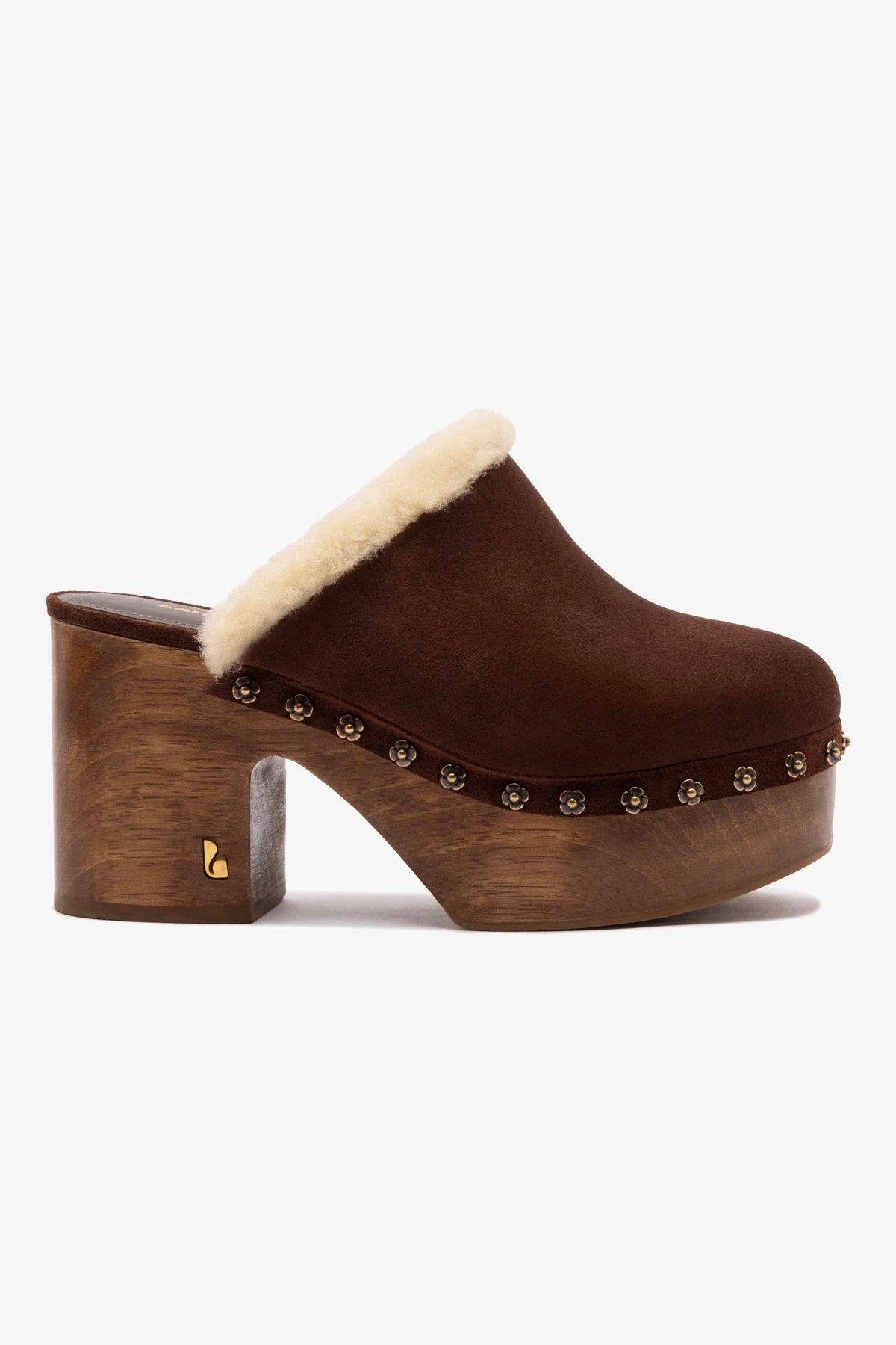 Miso Wooden Platform Clog In Brown Suede And Natural Shearling | Larroude