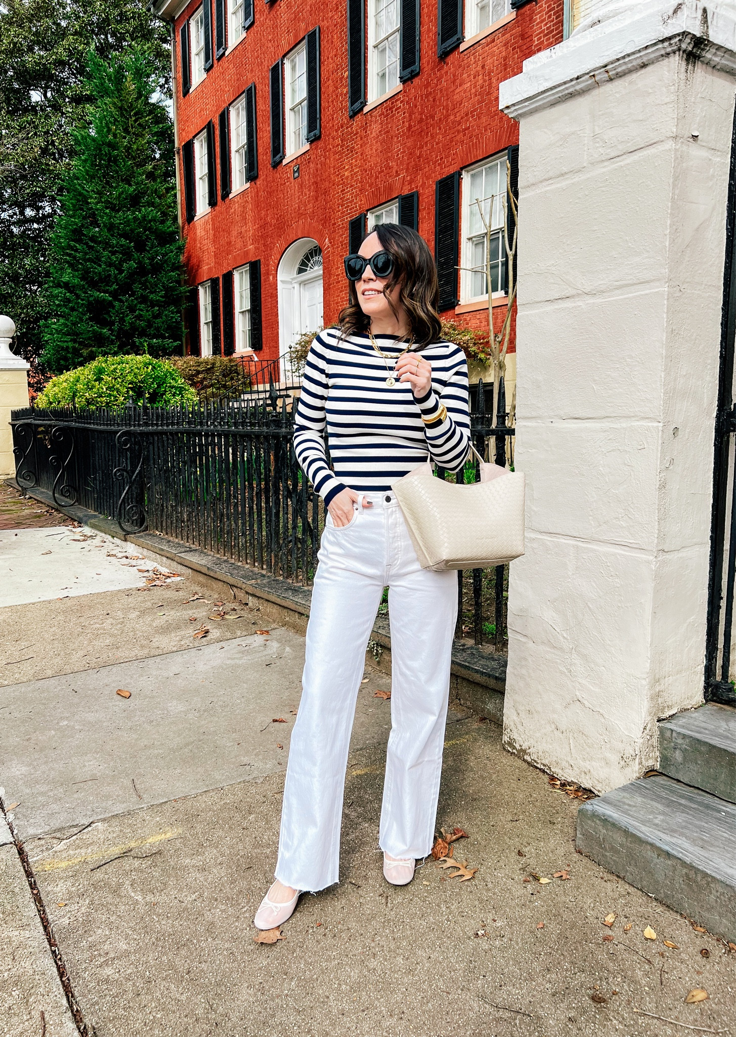Wide leg white jeans with a striped sweater, mesh ballet flats 

#LTKover40 #LTKSeasonal #LTKshoecrush