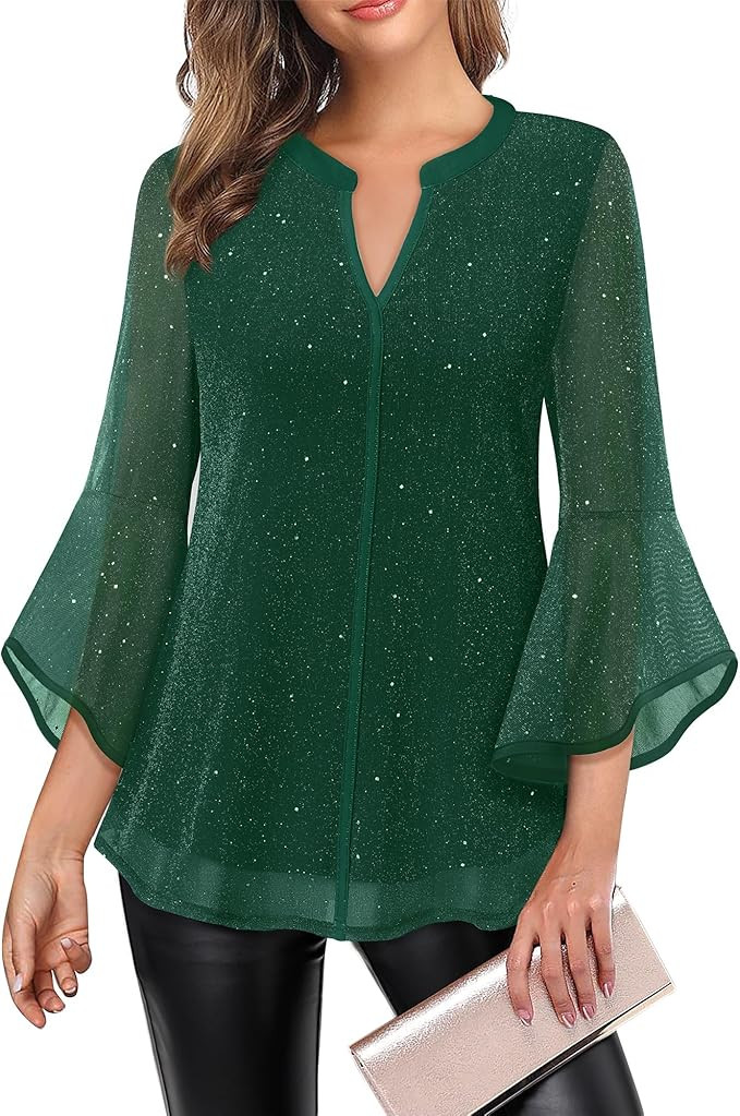 VALOLIA Women's 3/4 Sleeve Dressy Blouses Shirts Casual Loose Fit Mesh Layered Flowy Tunic Tops | Amazon (US)