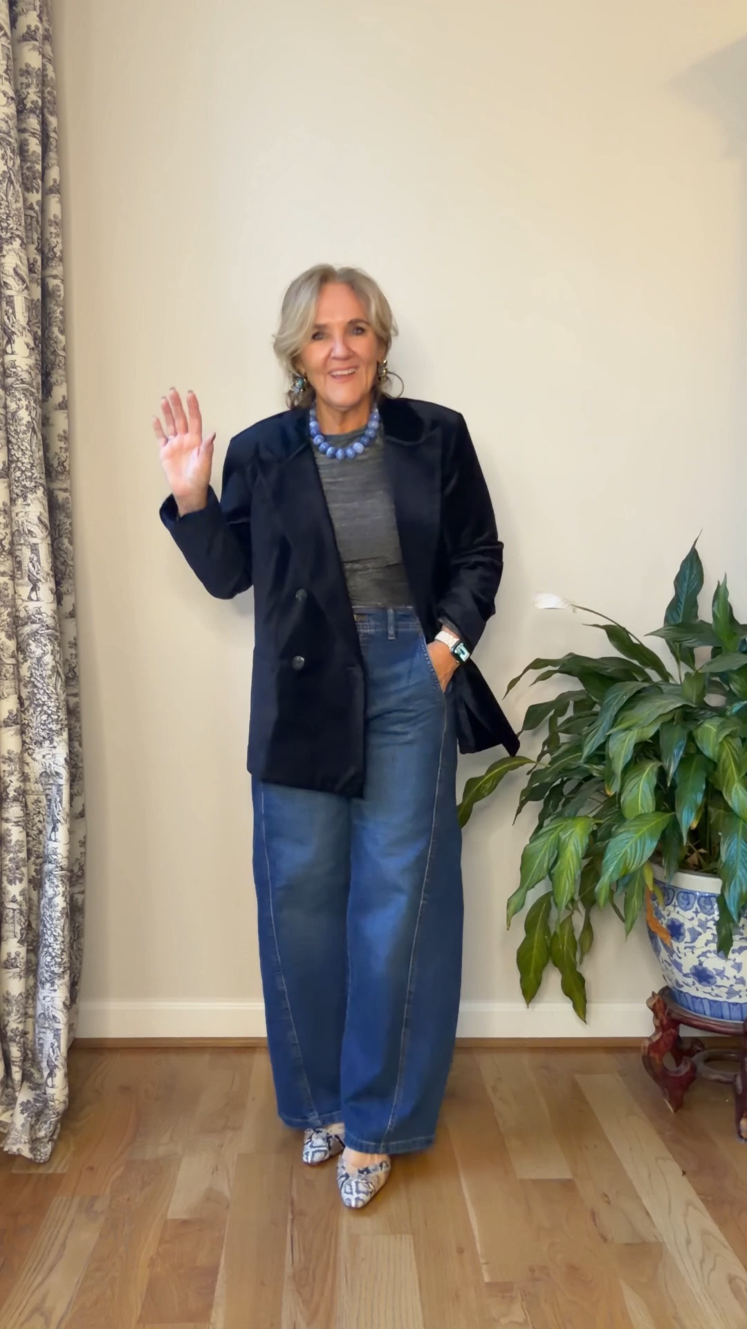 Blazer size medium this navy is beautiful. Wear it more casual with a pair of jeans or get the matching Colette pants and wear it to your holiday events or winter event events.
Get your order in for the pants though because they are shipping soon
Shimmer tee size medium
Jeans size 29 regular to wear with a heel you could probably size down if you wanted them more Fit