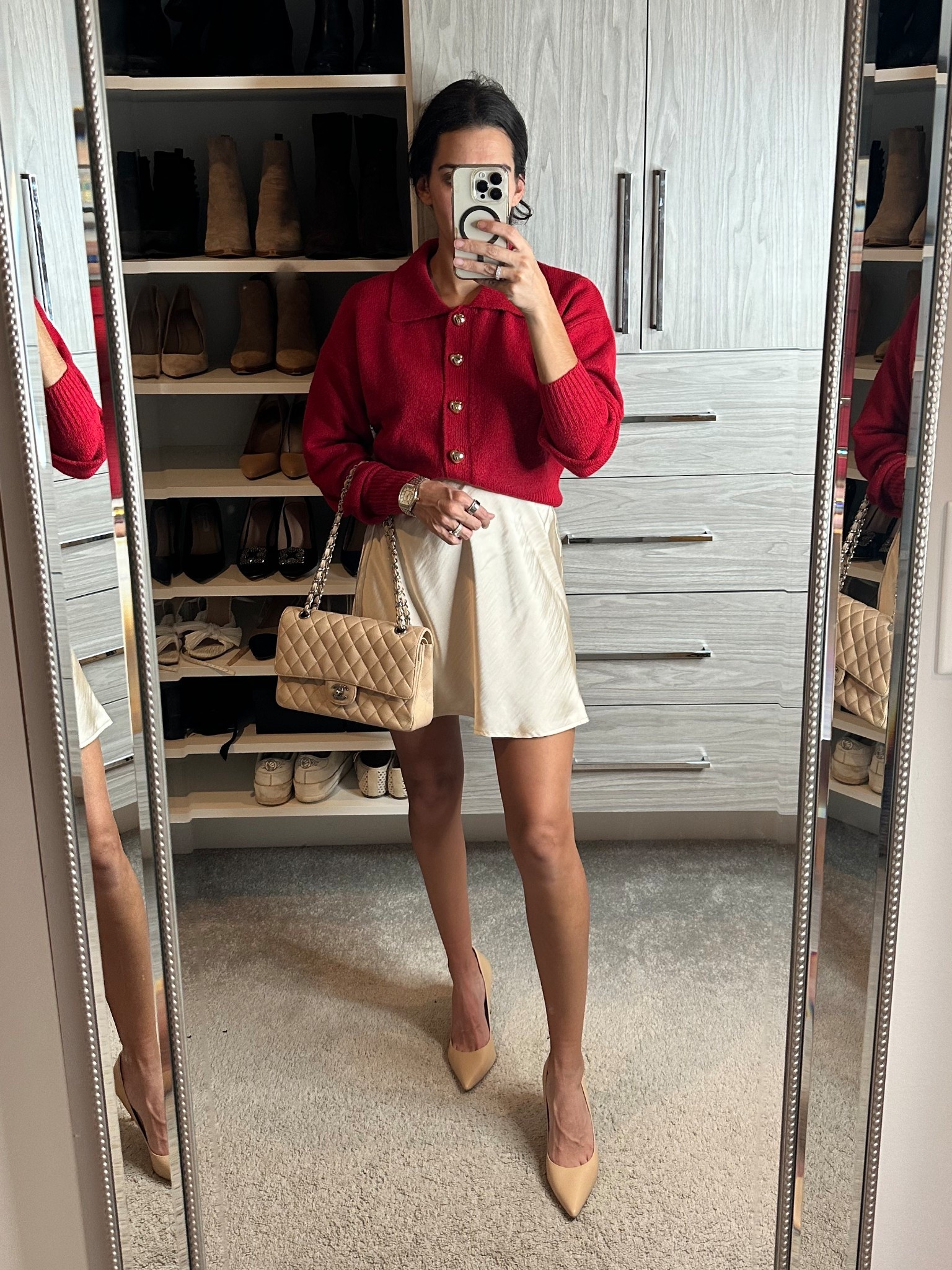 Holiday outfit 
Red cardigan sweater 
Satin mini skirt 

#LTKHoliday #LTKSeasonal