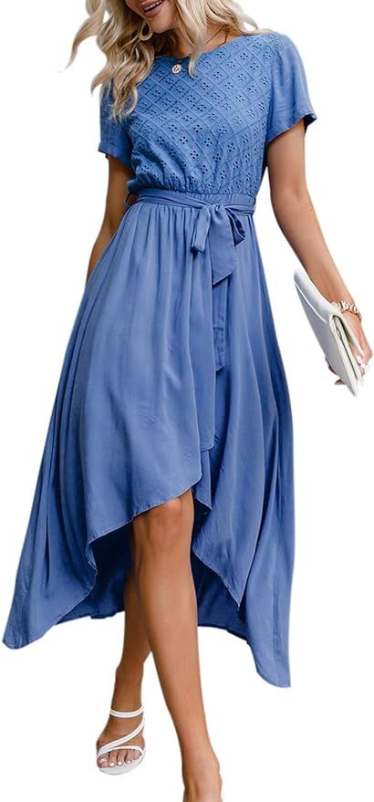 Miessial Women's Striped Linen Long Dress Elegant Ruffle Cap Sleeves Midi Dress | Amazon (US)