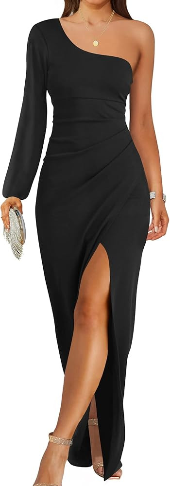 ZESICA Women's One Shoulder Long Sleeve Cocktail Dress Sexy High Slit Ruched Bodycon Wedding Gues... | Amazon (US)