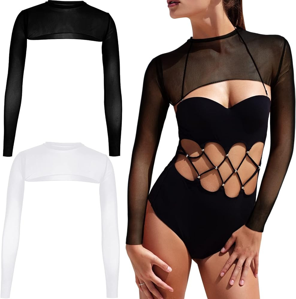 2 Women's Mesh Crop Top Bodycon Sheer Mesh Tops for Women Cutout Swim Mesh Top Long Sleeve Rave T... | Amazon (US)