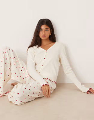 ASOS DESIGN button through cardigan & trouser pyjama set in heart print | ASOS (Global)