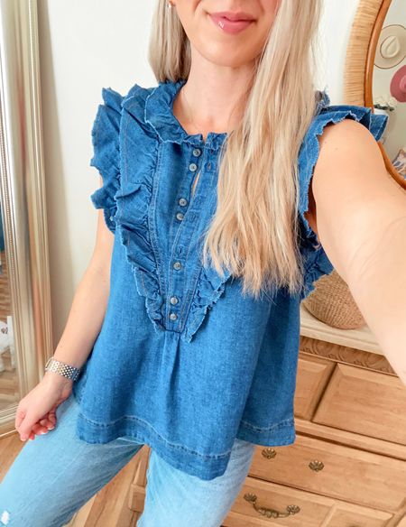 New Denim Ruffle Top at Anthropologie  😍 Wearing size small but could do an XS! Runs a little big! 

Chambray, denim tops, anthropologie, new arrivals 

#LTKunder100 #LTKworkwear #LTKstyletip
