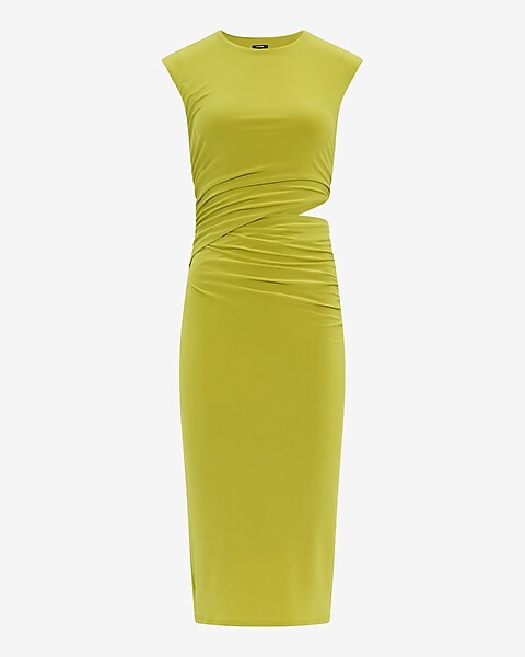 Crew Neck Cap Sleeve Ruched Cutout Midi Sheath Dress | Express