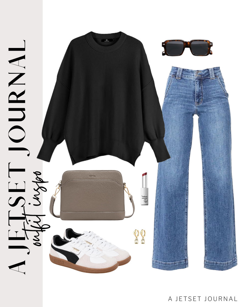 For the final outfit, wear these Astylish high-waisted jeans paired with a black batwing sweatshirt. This combination looks great with Puma Palermo shoes and SOJOS square sunglasses. Adding Marvolia’s crossbody bag enhances the look nicely. Complete the outfit with gold chunky hoop earrings. 

 #LTKSeasonal #LTKSaleAlert