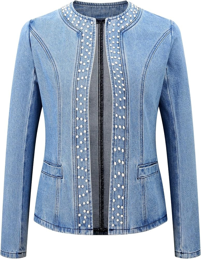 Kedera Women's Pearl Denim Jacket Long Sleeve Collarless Rivet Short Denim Coat with Pockets | Amazon (US)