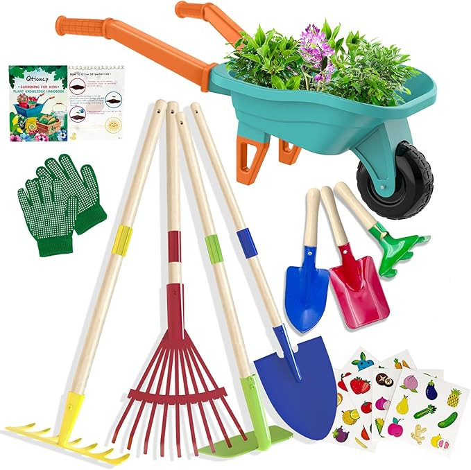 Kids Gardening Set with Wheelbarrow, Real Metal Garden Tools for Kids Ages 3-8, 4 Long Handle Too... | Amazon (US)