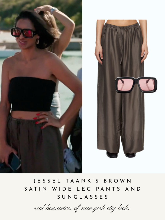 Jessel Taank's Brown Satin Wide Leg Pants and Sunglasses 

 