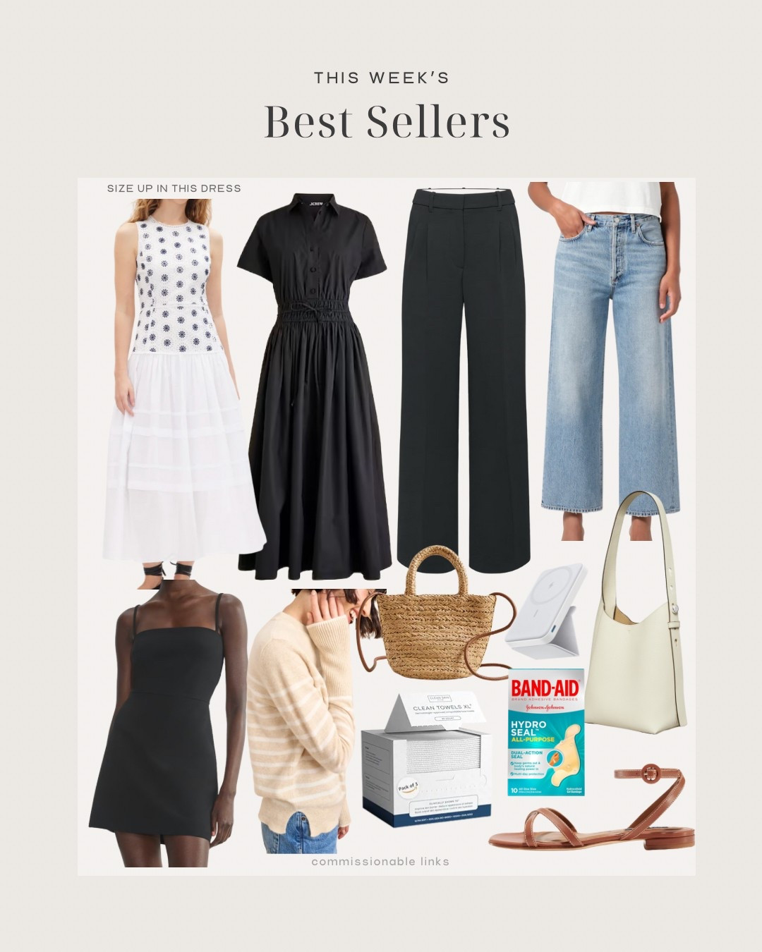 This week’s bestsellers! 
Midi dresses for summer
Aritzia trousers
Wide leg jeans
Mini dress (size up!)
Striped sweater
Mini raffia tote
Tory Burch bag
Summer sandals
Clean towels
Bandaids 
Portable charger 

#LTKSeasonal