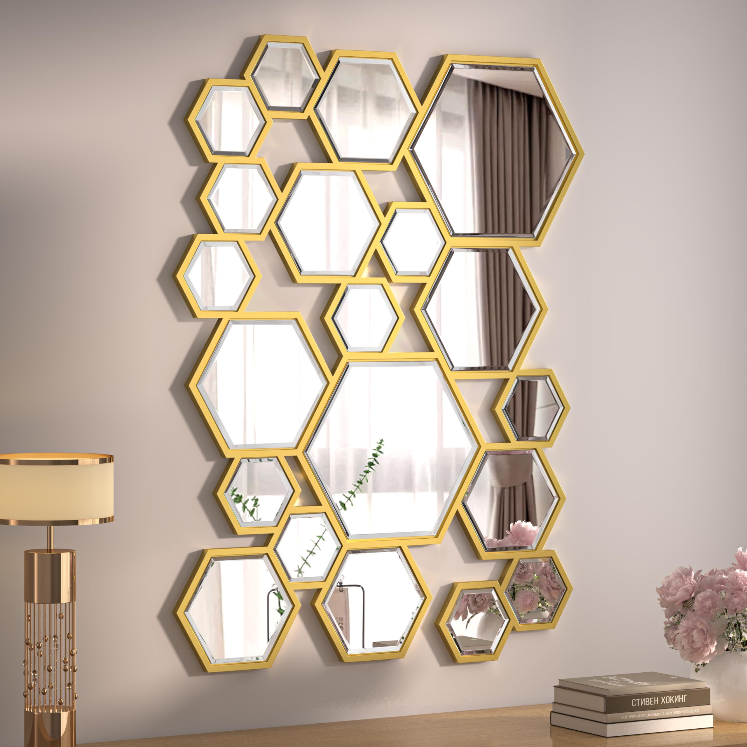 KOHORS Wall Decor Mirror Modern Hexagon Gold Wooden Framed Wall Mirror for Living Room,Bedroom,Entryways,Home Decor(W 31.4" x H 23.6" Honey Comb) | Amazon (US)