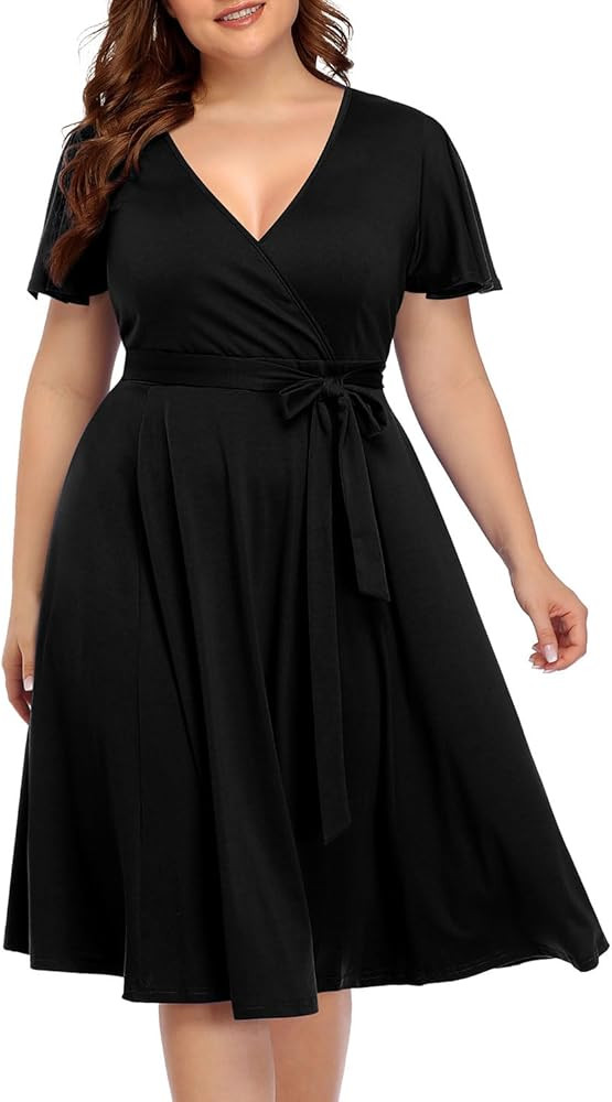 Pinup Fashion Women Plus Size Dresses Wedding Guest - Semi Formal Cocktail Wrap Empire Waist Midi... | Amazon (US)