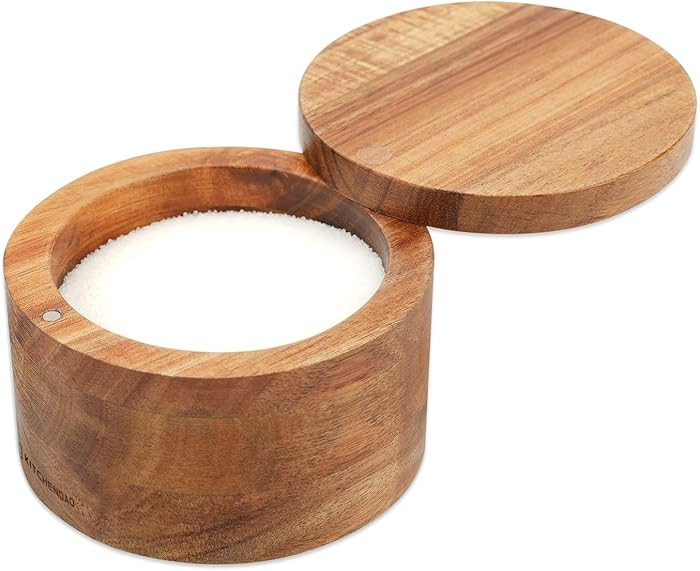 KITCHENDAO Acacia Wood Salt Cellar Bowl Box, Elegant Kitchen Holder Container with Swivel Magneti... | Amazon (US)