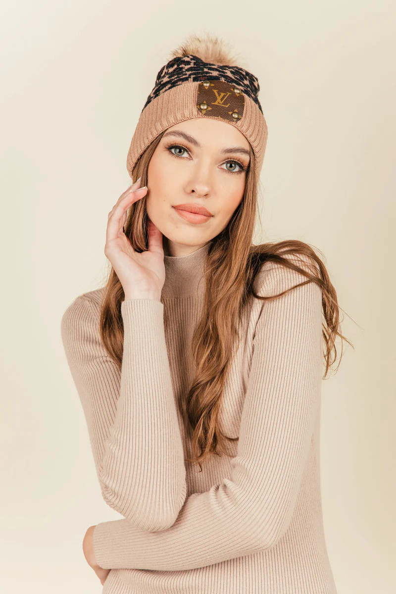 Leopard Pom Beanie with Tan Trim | Vintage Boho