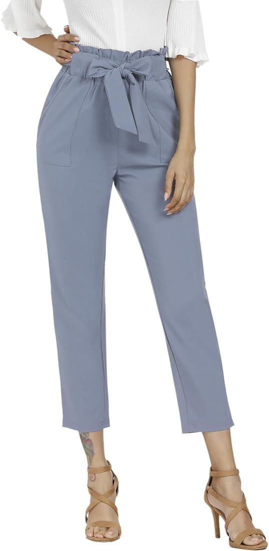 Freeprance Women's Pants Casual Trouser Paper Bag Pants Elastic Waist Slim Pockets | Amazon (US)