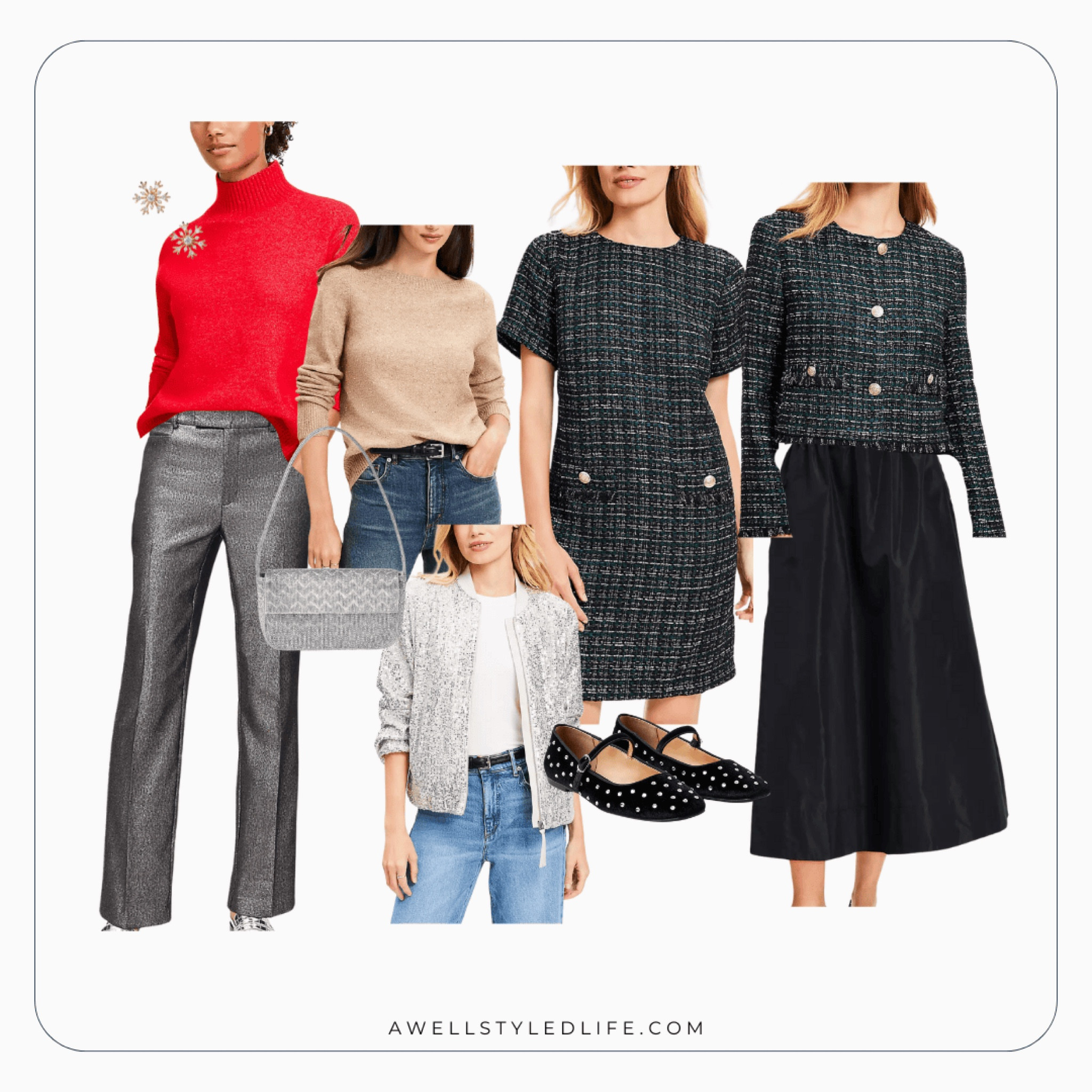 Holiday Outfit Inspiration

All items from LOFT

#Fashionover50 #LTKOver50Style #holidayfashion #holidayoutfit #holidaydressing #sparklyoutfit #holidayparty #holidaypartyoutfit #fauxleather #holidaysparkles #loft

#LTKHoliday #LTKStyleTip #LTKOver40