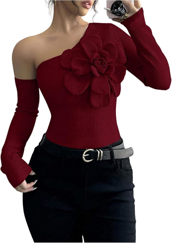 WDIRARA Women's 3D Flower One Shoulder T Shirts Long Sleeve Tee Rib Knit Fitted Tops | Amazon (US)