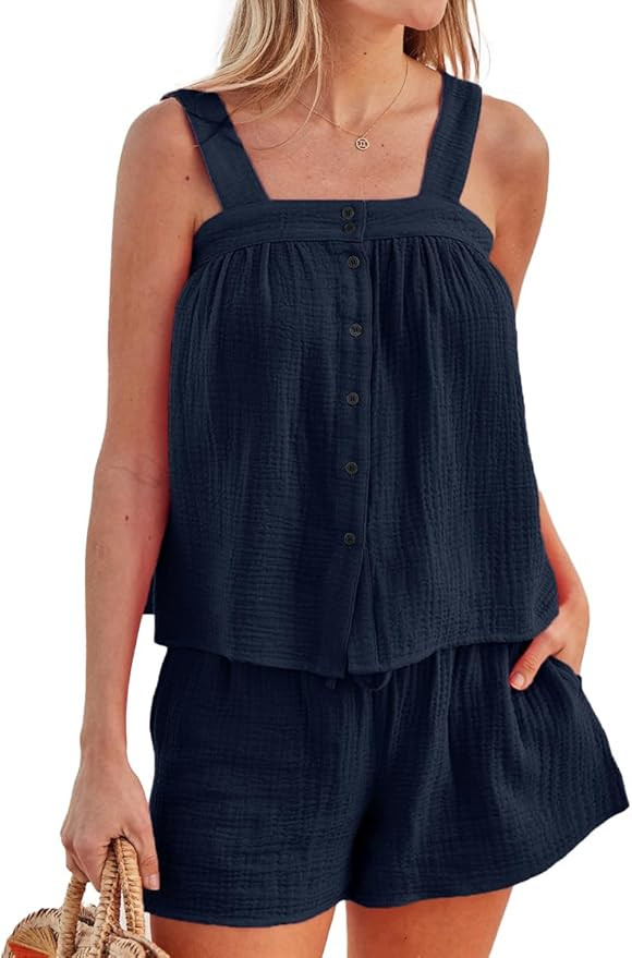 Womens Summer 2 Piece Short Set Sleeveless Button Down Top and Shorts Cotton Pajama Sets | Amazon (US)