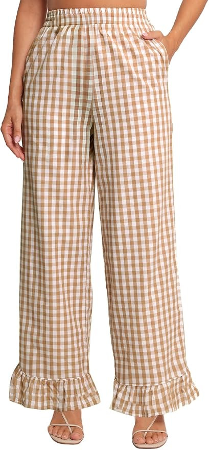 Flygo Women's Gingham Pants Y2K Cotton Wide Leg Ruffle Hem Lounge Pants Plaid Elastic Wasited Tro... | Amazon (US)