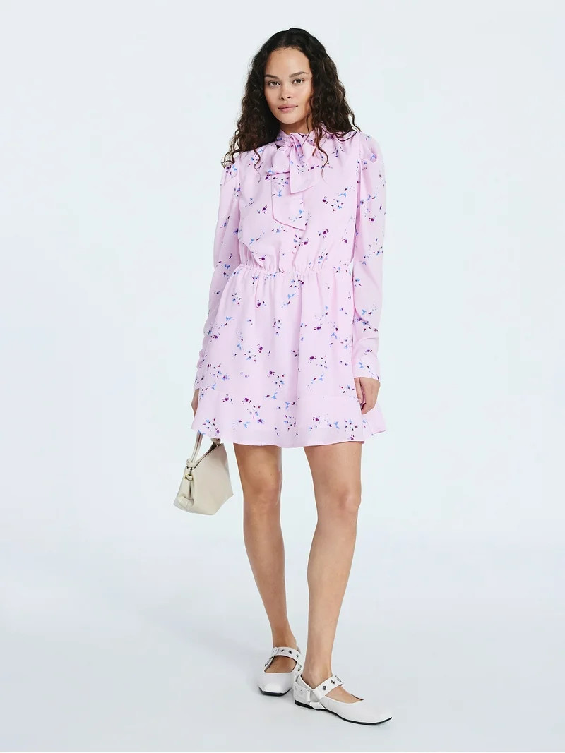 Scoop Women's and Women's Plus Tie Neck Mini Dress with Long Sleeves, Sizes XS-4X | Walmart (US)