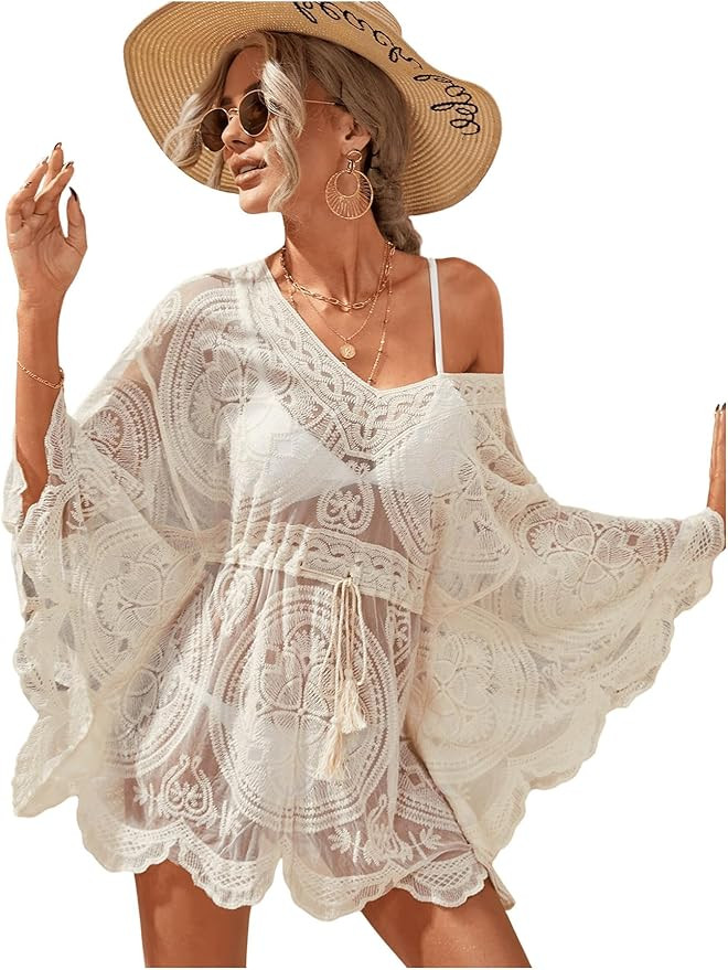 SweatyRocks Women's Sheer Lace Beach Cover Up 3/4 Sleeve Drawstring Loose Swimsuit Coverup Dress | Amazon (US)
