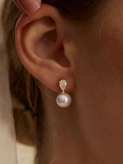 14k Gold Plated CZ Pearl Bridal Earrings, Low Allergy Gold Plated Earrings, Elegant Wedding Bride Pearl Jewelry For Women - Size one-size | SHEIN