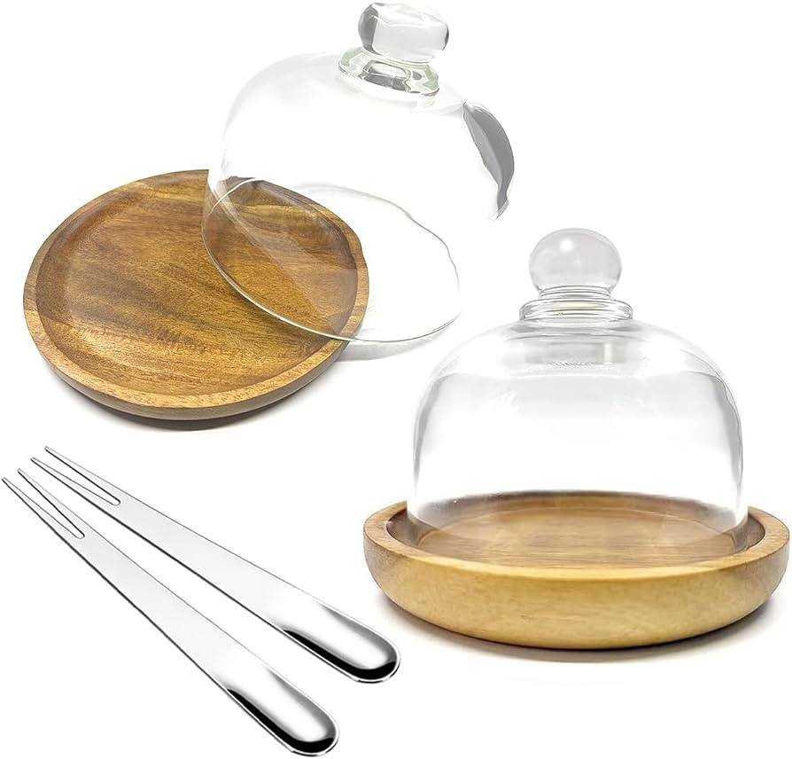2 Pack Ultra Mini Wooden Base Cake Display Stand with Glass Dome,Cloche Clear Glass Bell Jar Cove... | Amazon (US)