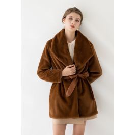 Faux Fur PU Leather Belted Coat in Brown | Chicwish