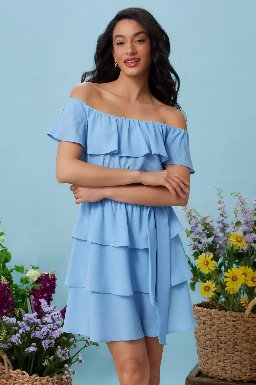 Light Blue Tiered Bardot Mini Dress | Quiz Clothing