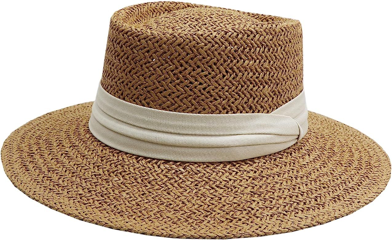 jiaoji Women's Straw hat Panama hat Tweed hat Beach Sun hat Wide Brim | Amazon (US)